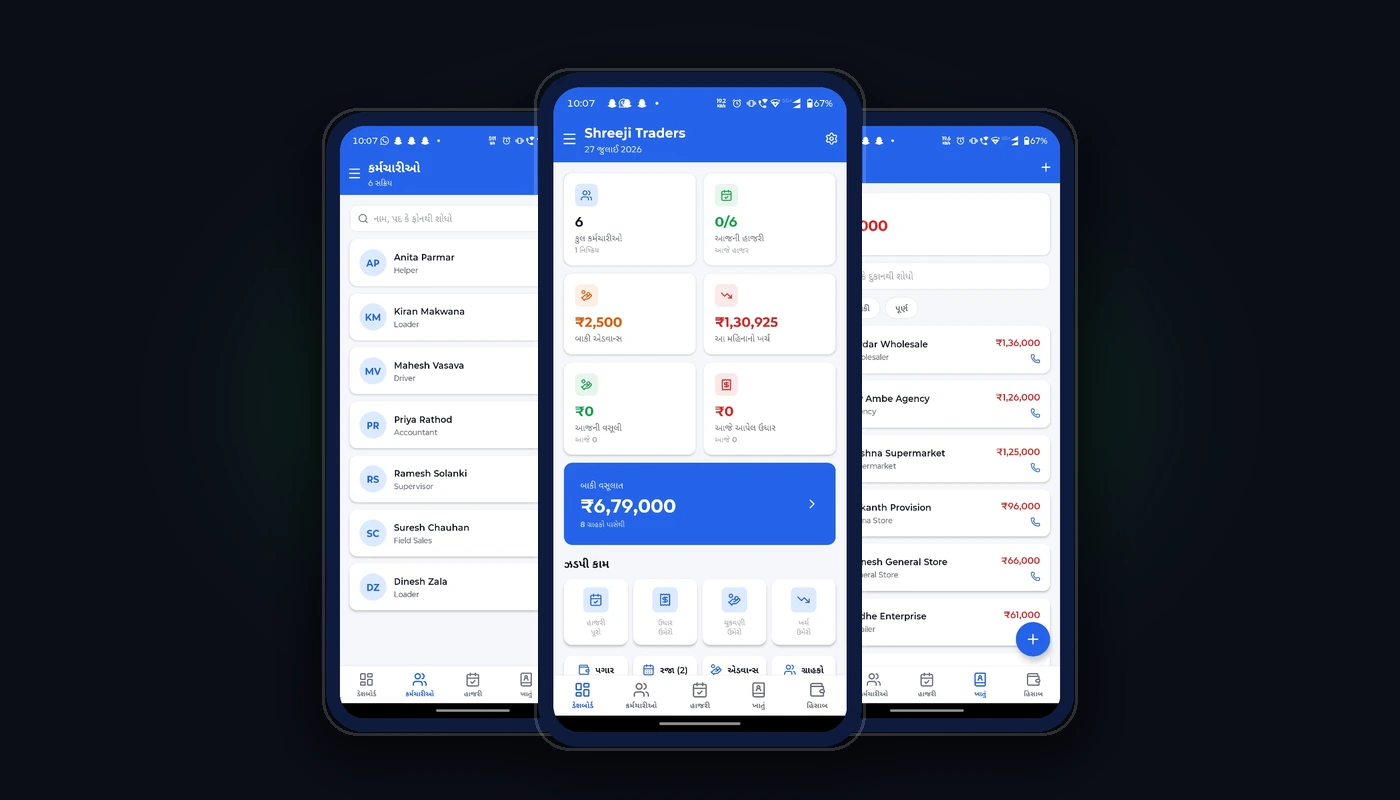 Shreeji HRMS mobile application showing Owner Cockpit, daily-wage attendance calendar, customer credit ledger (khatu), and employee profile screens.